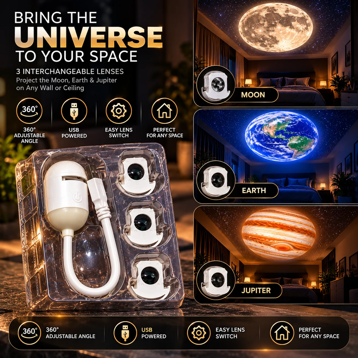 Moon & Planet Projector Lamp - 3 Lense Projector Lamp