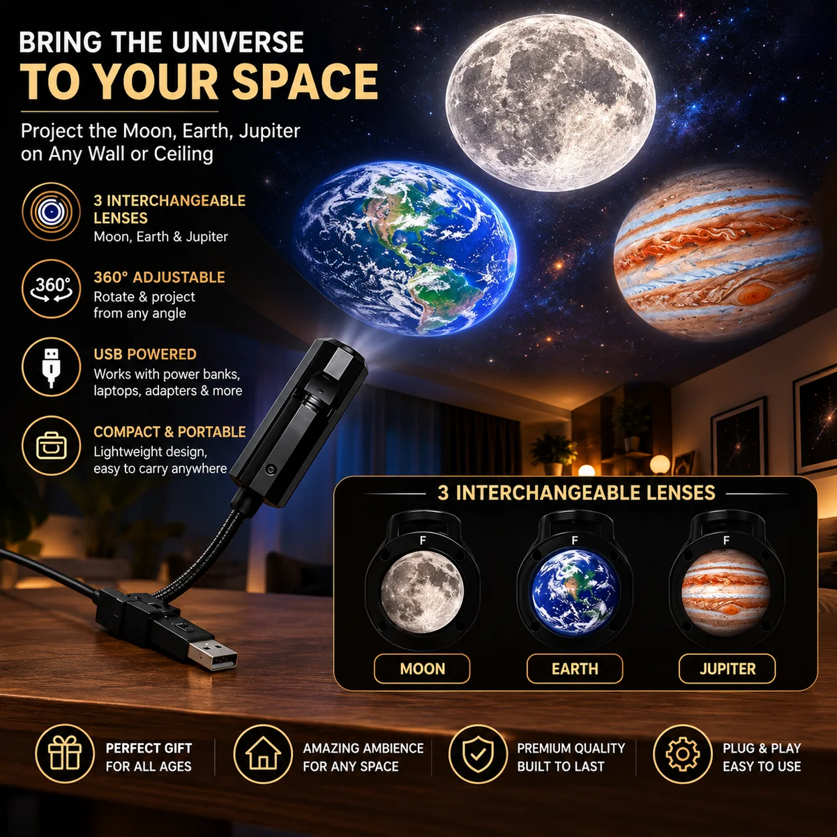 Moon & Planet Projector Lamp - 3 Lense Projector Lamp